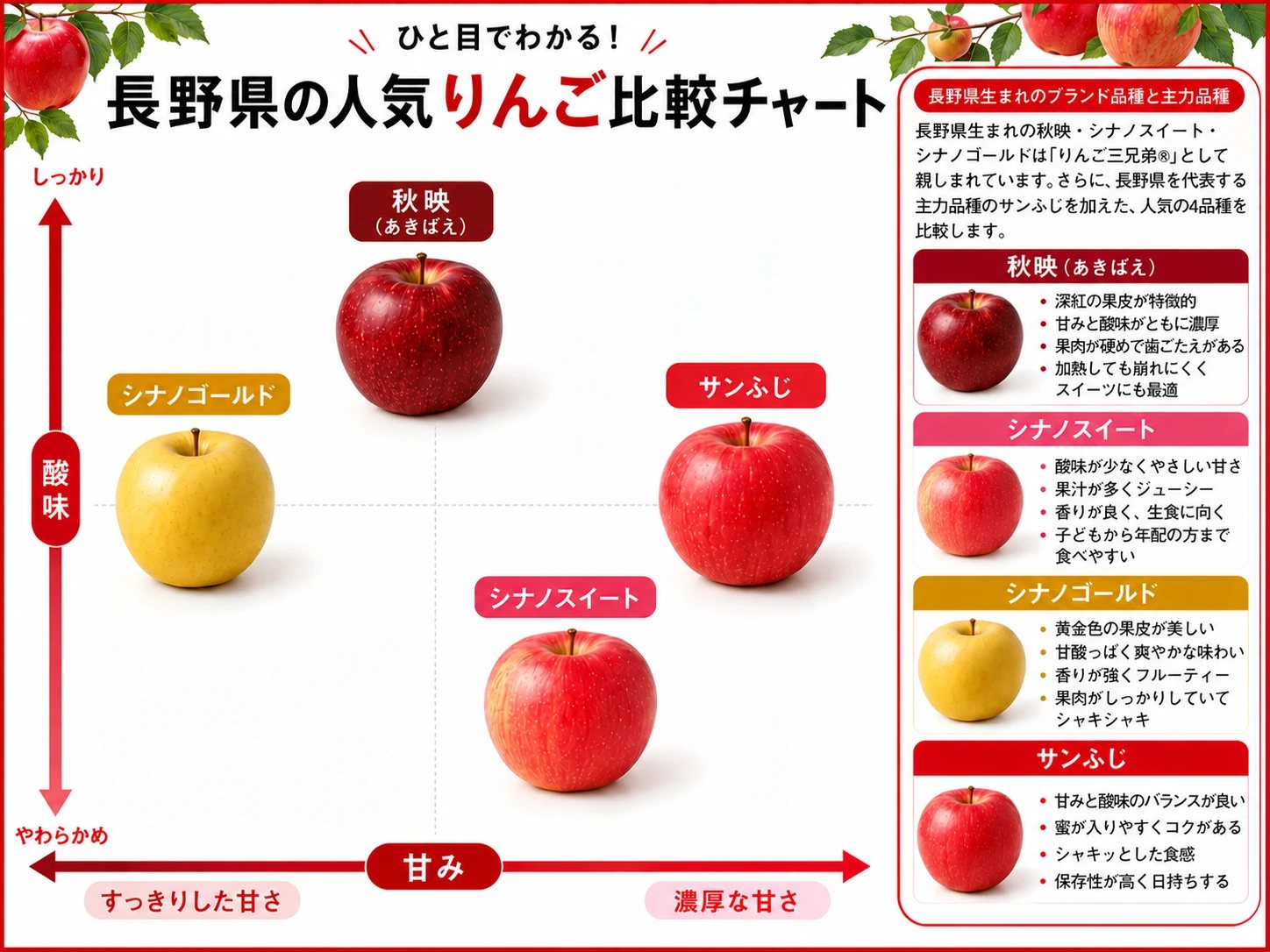 長野県の人気りんご4品種（秋映・シナノスイート・シナノゴールド・サンふじ）の比較チャート